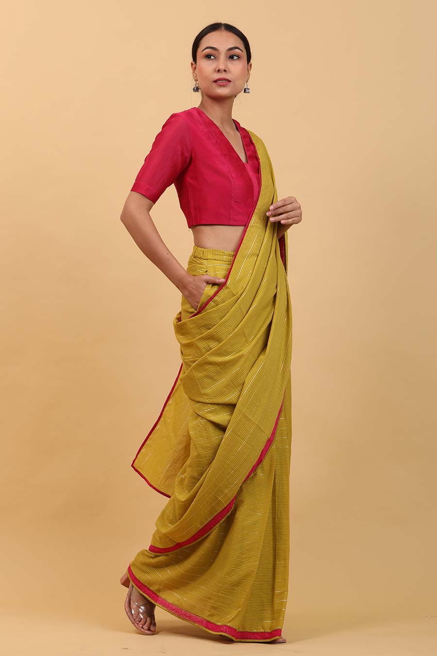 Lime Yellow Pre-stitched Saree Set