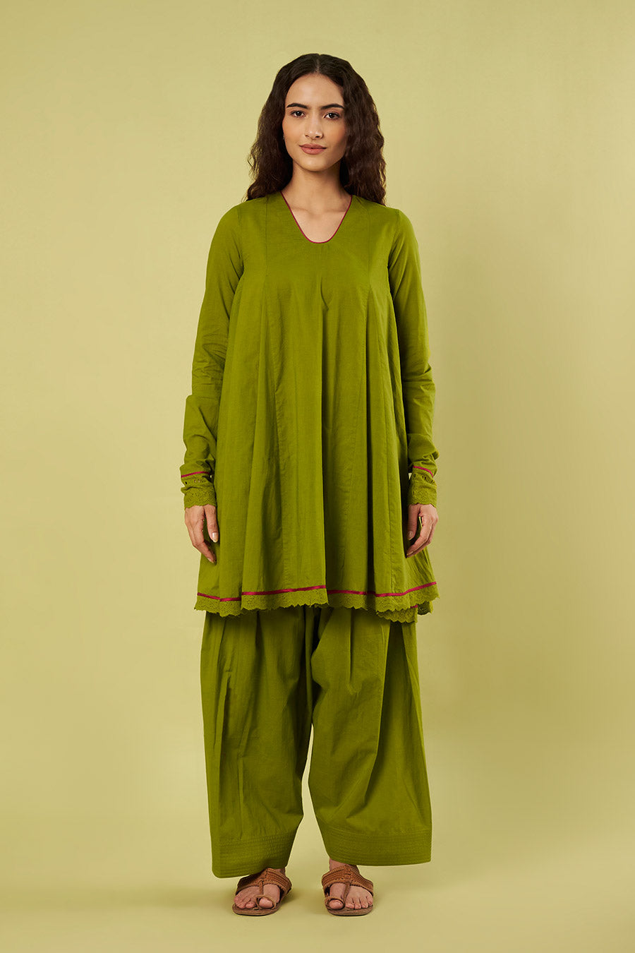 Olive Green Embroidered Kurta & Farshi Salwar Set