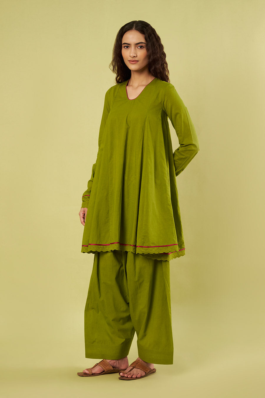 Olive Green Embroidered Kurta & Farshi Salwar Set