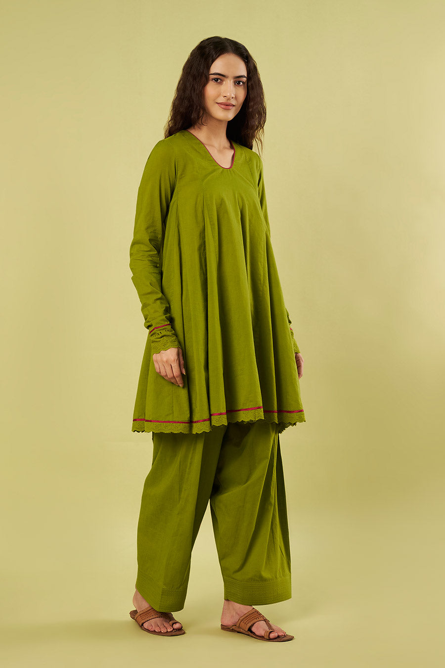 Olive Green Embroidered Kurta & Farshi Salwar Set