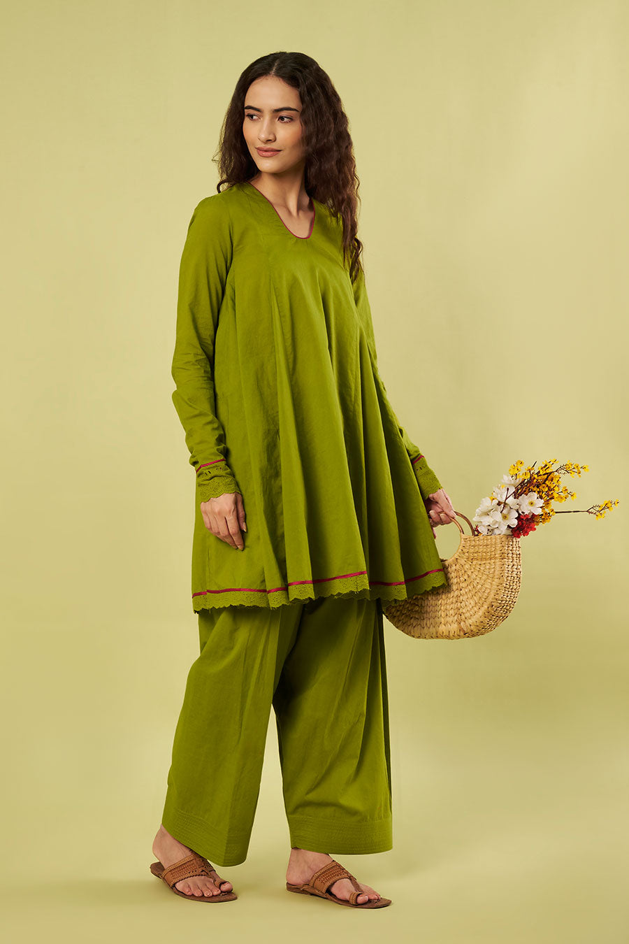 Olive Green Embroidered Kurta & Farshi Salwar Set