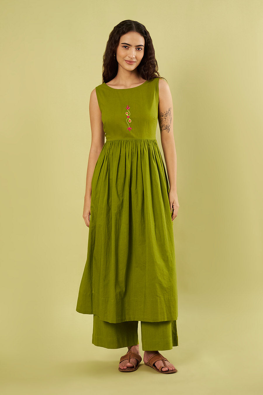 Olive Green Embroidered High-Slit Kurta & Pants Set