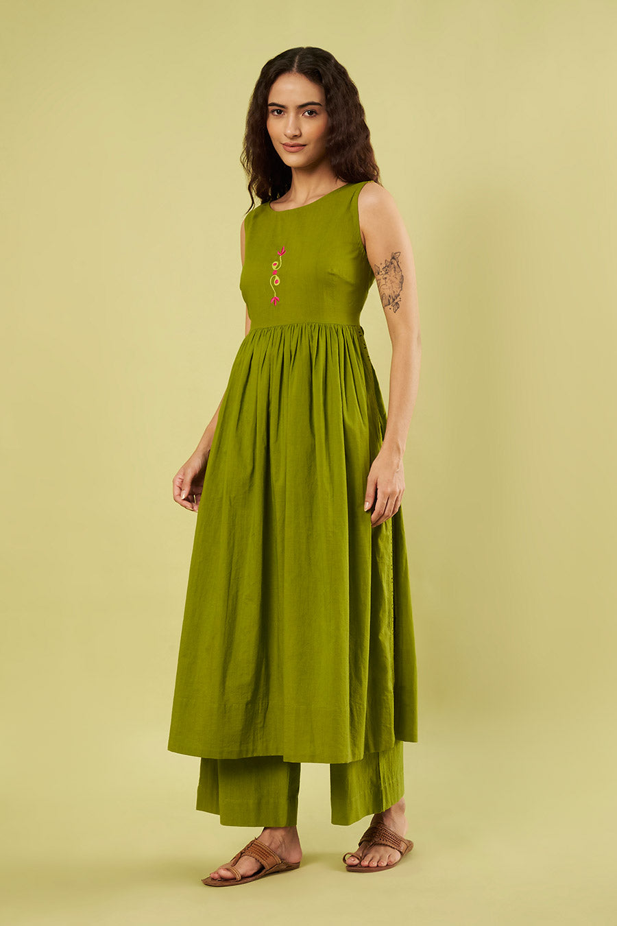 Olive Green Embroidered High-Slit Kurta & Pants Set