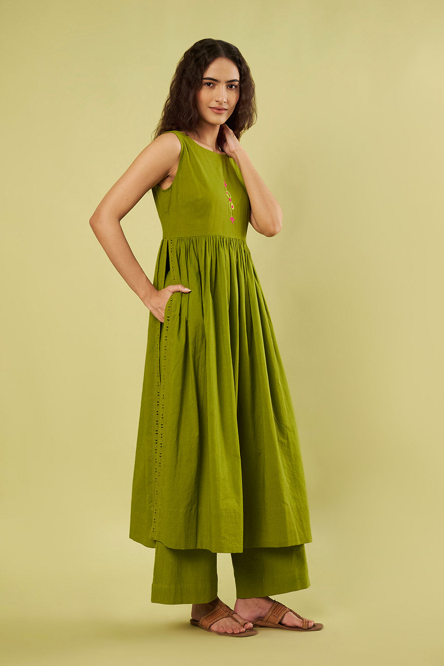 Olive Green Embroidered High-Slit Kurta & Pants Set