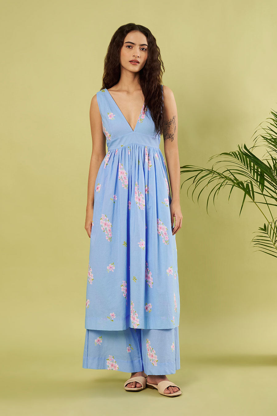 Blue Printed High-Slit Kurta & Palazzo Set