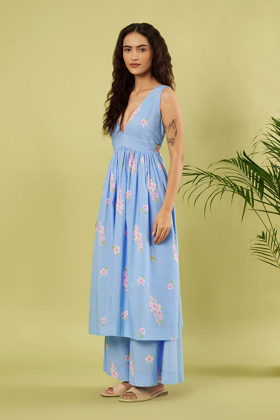 Blue Printed High-Slit Kurta & Palazzo Set