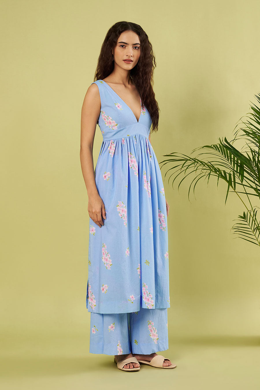 Blue Printed High-Slit Kurta & Palazzo Set