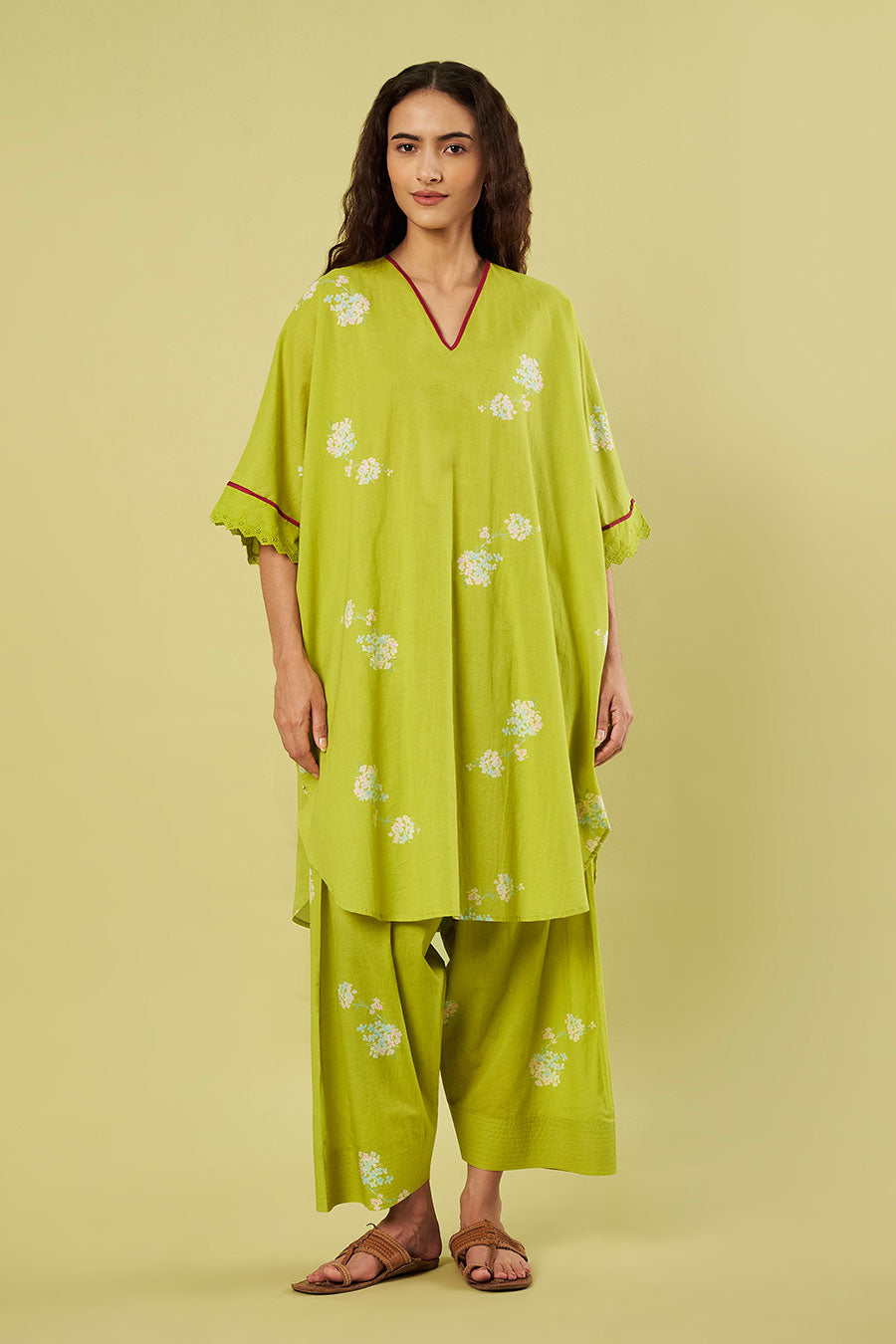 Lime Green Printed Kaftan & Farshi Salwar Set
