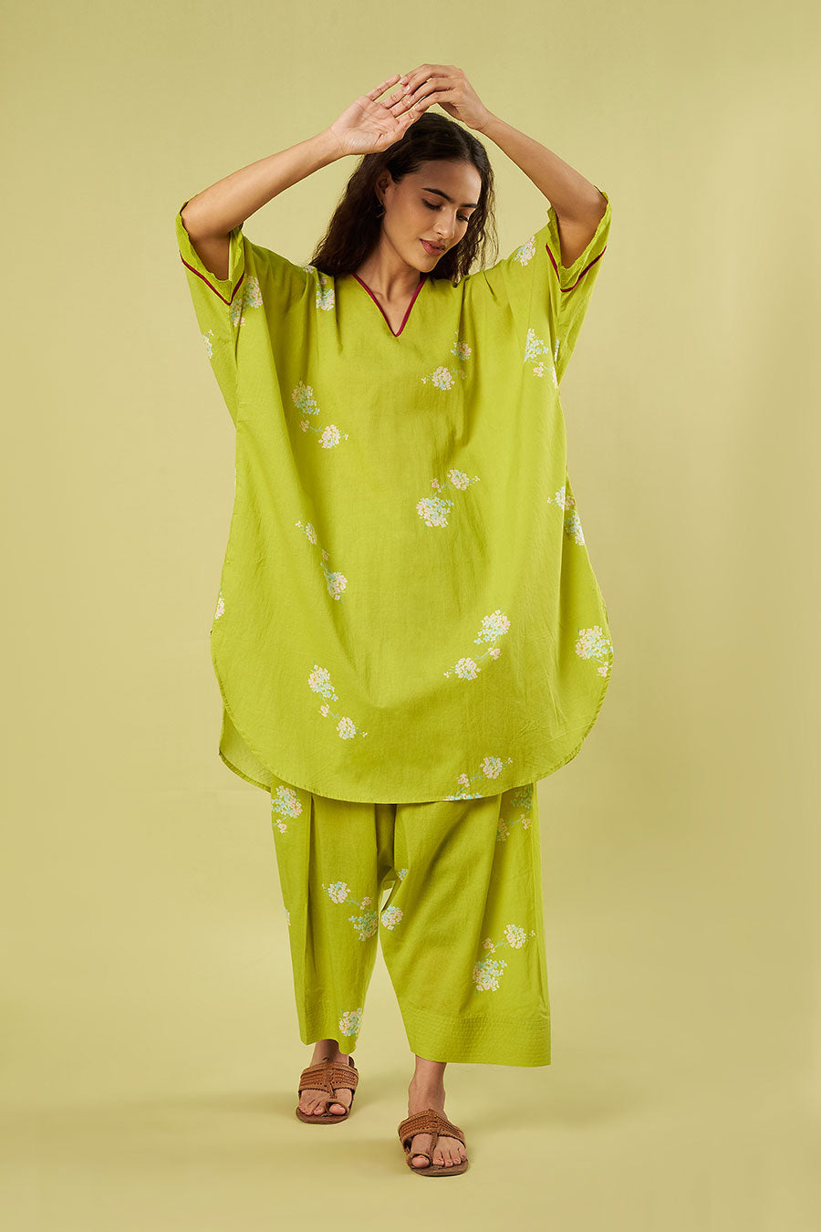 Lime Green Printed Kaftan & Farshi Salwar Set
