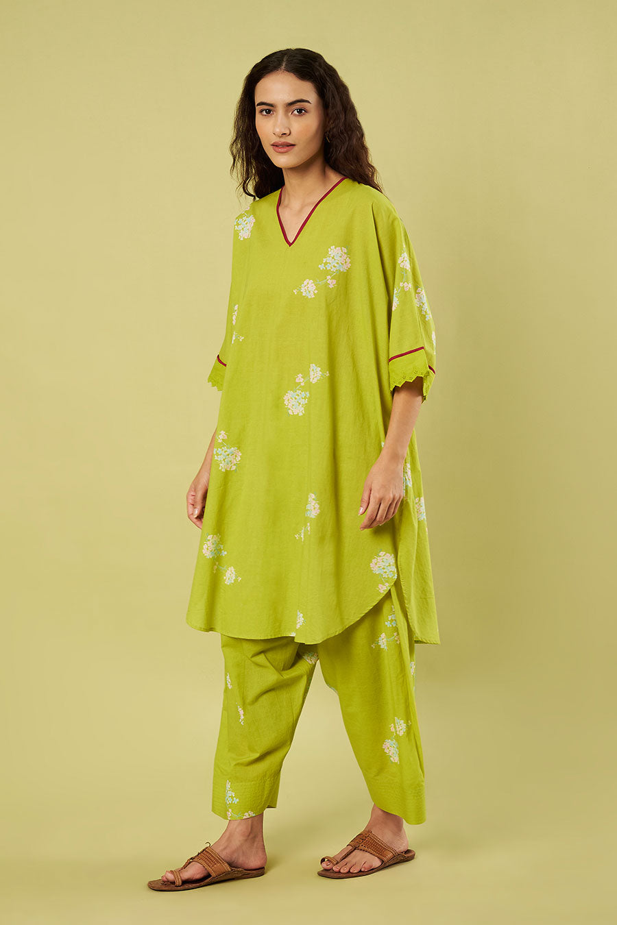 Lime Green Printed Kaftan & Farshi Salwar Set