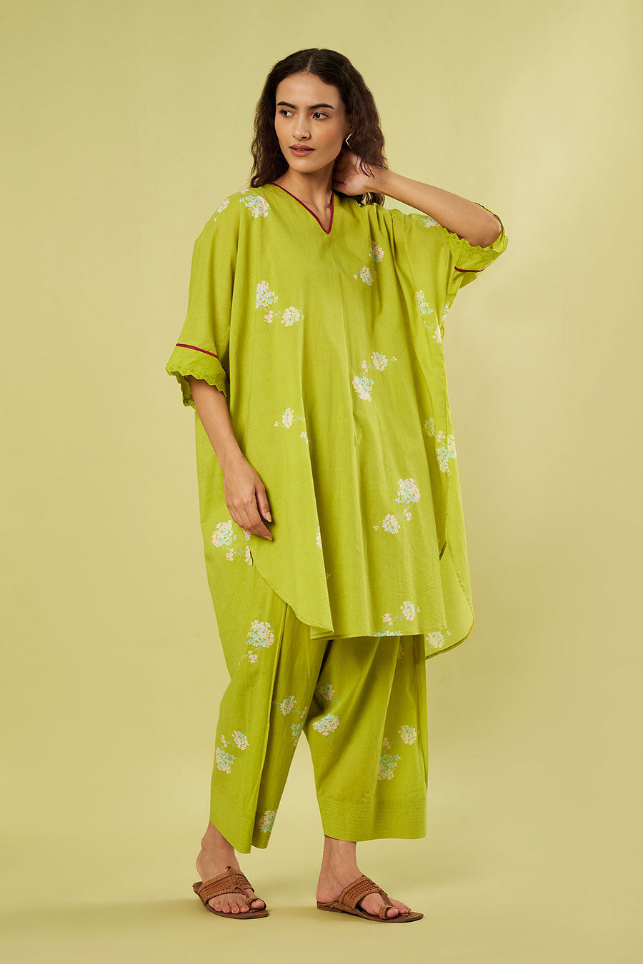 Lime Green Printed Kaftan & Farshi Salwar Set