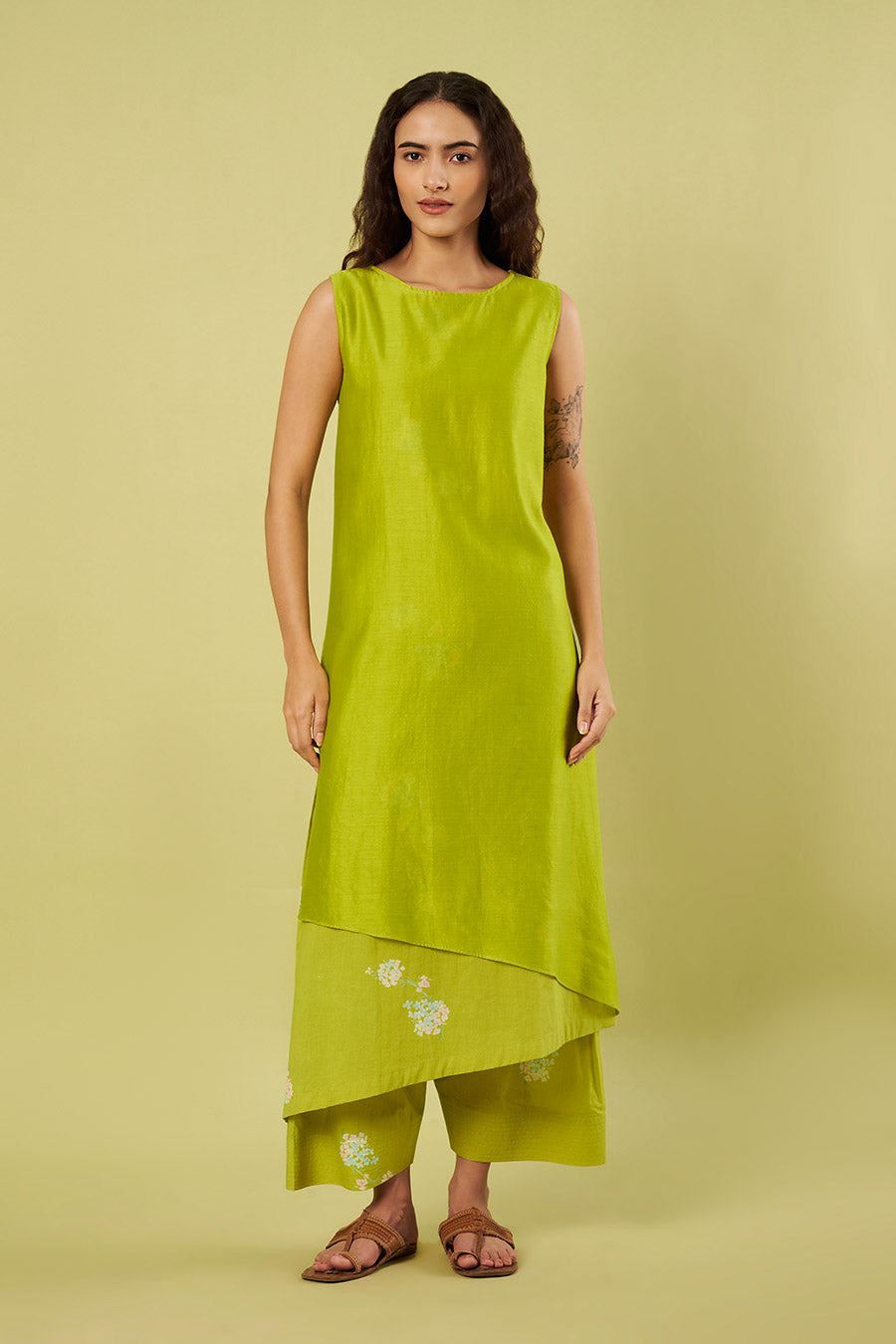 Lime Green Printed Kurta & Farshi Salwar Set