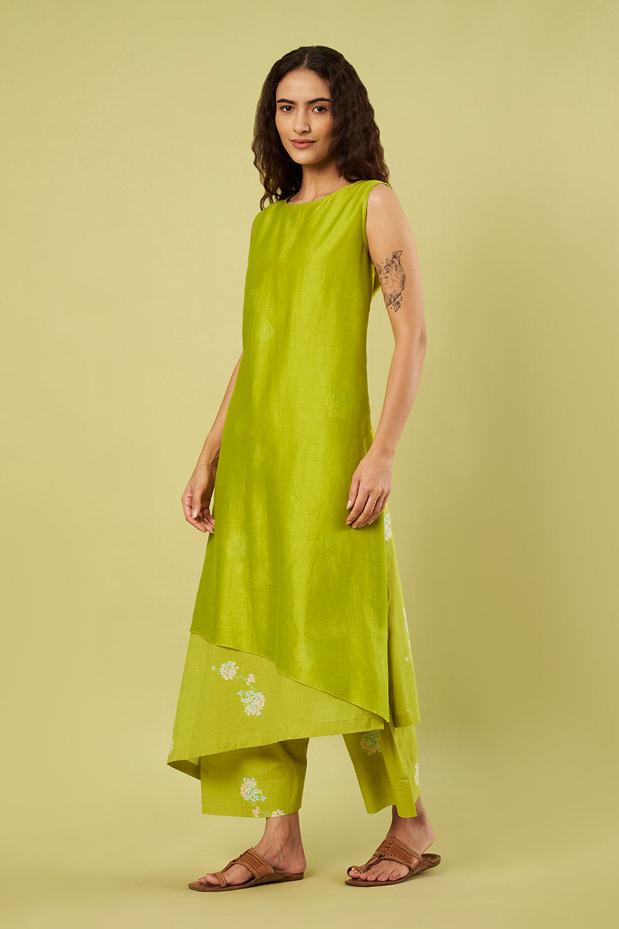 Lime Green Printed Kurta & Farshi Salwar Set