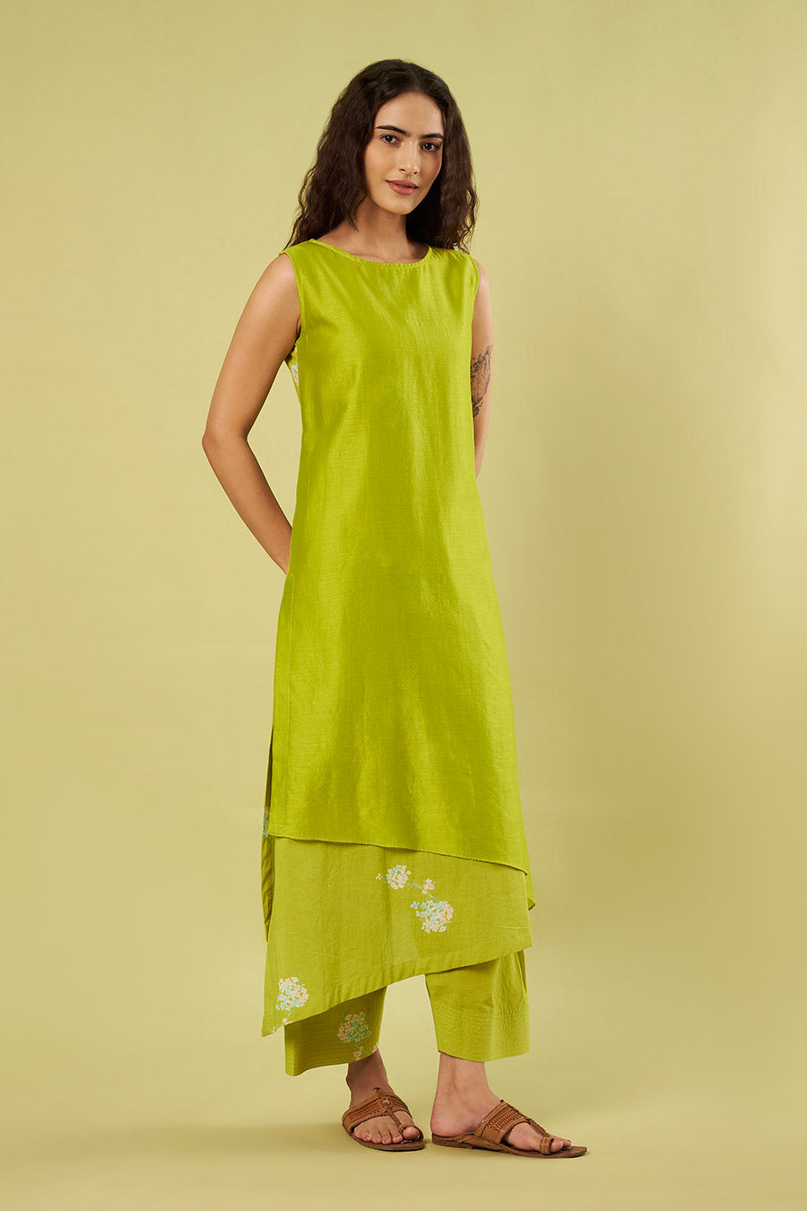 Lime Green Printed Kurta & Farshi Salwar Set