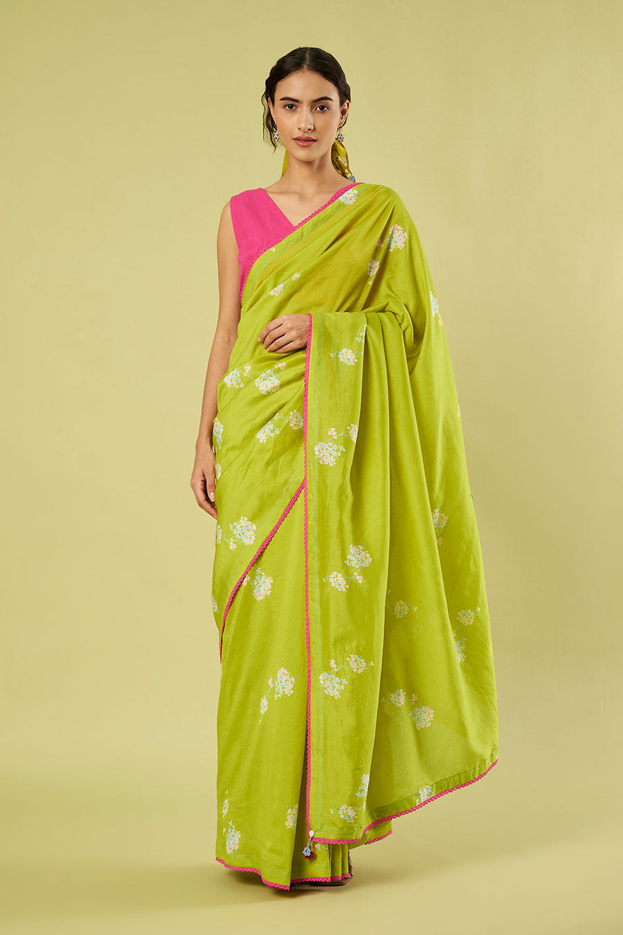 Green Chanderi Saree & Pink Cotton Blouse Set