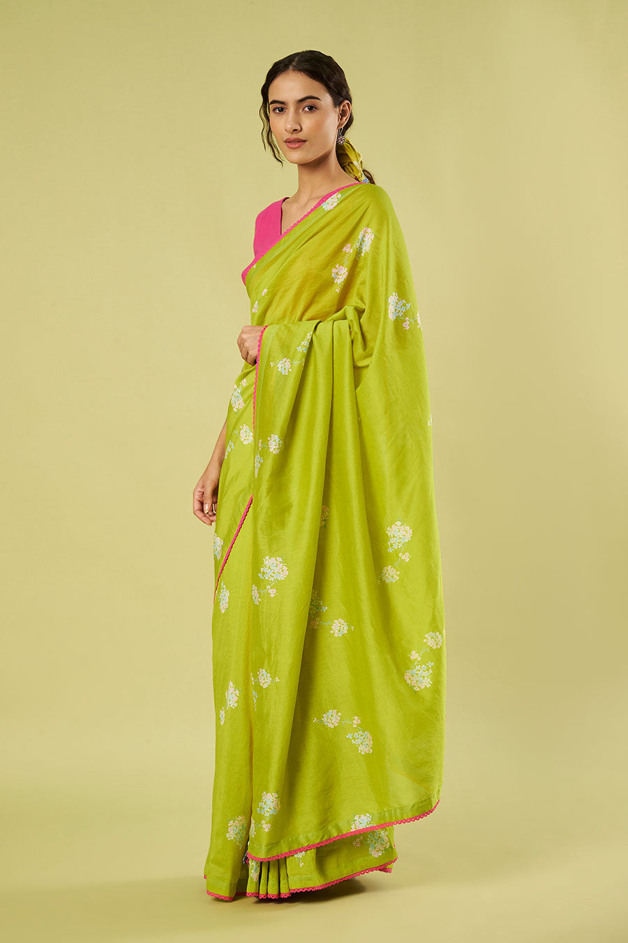 Green Chanderi Saree & Pink Cotton Blouse Set
