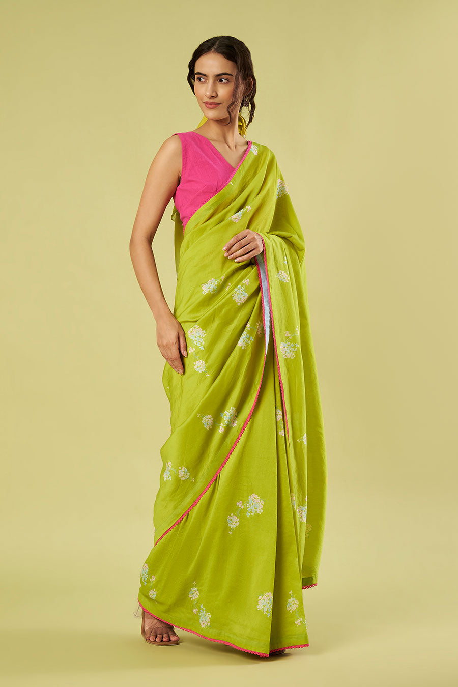 Green Chanderi Saree & Pink Cotton Blouse Set