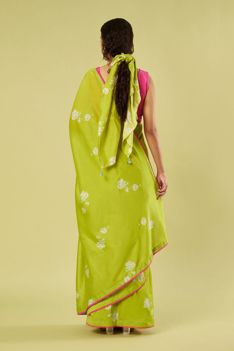 Green Chanderi Saree & Pink Cotton Blouse Set