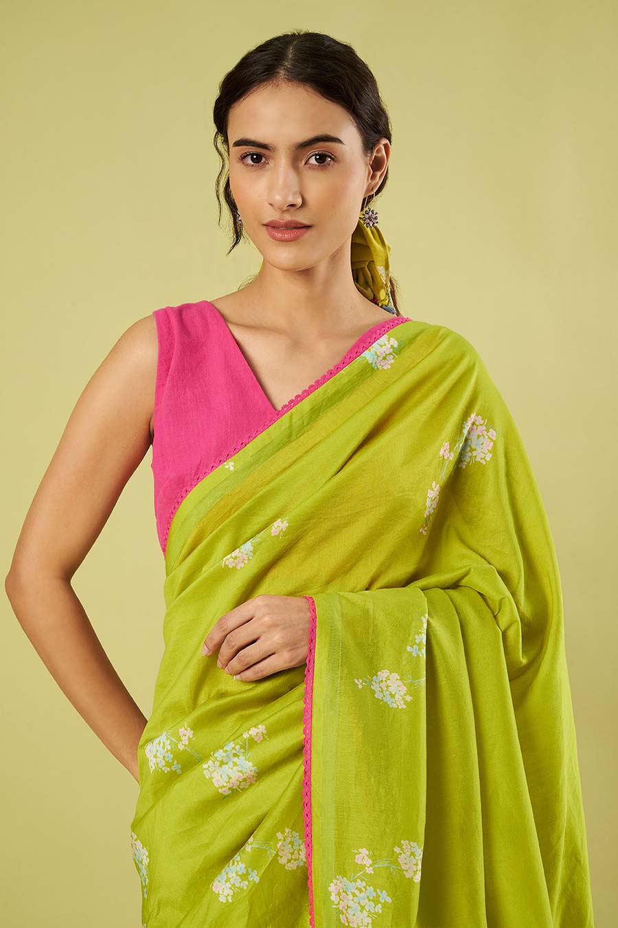 Green Chanderi Saree & Pink Cotton Blouse Set