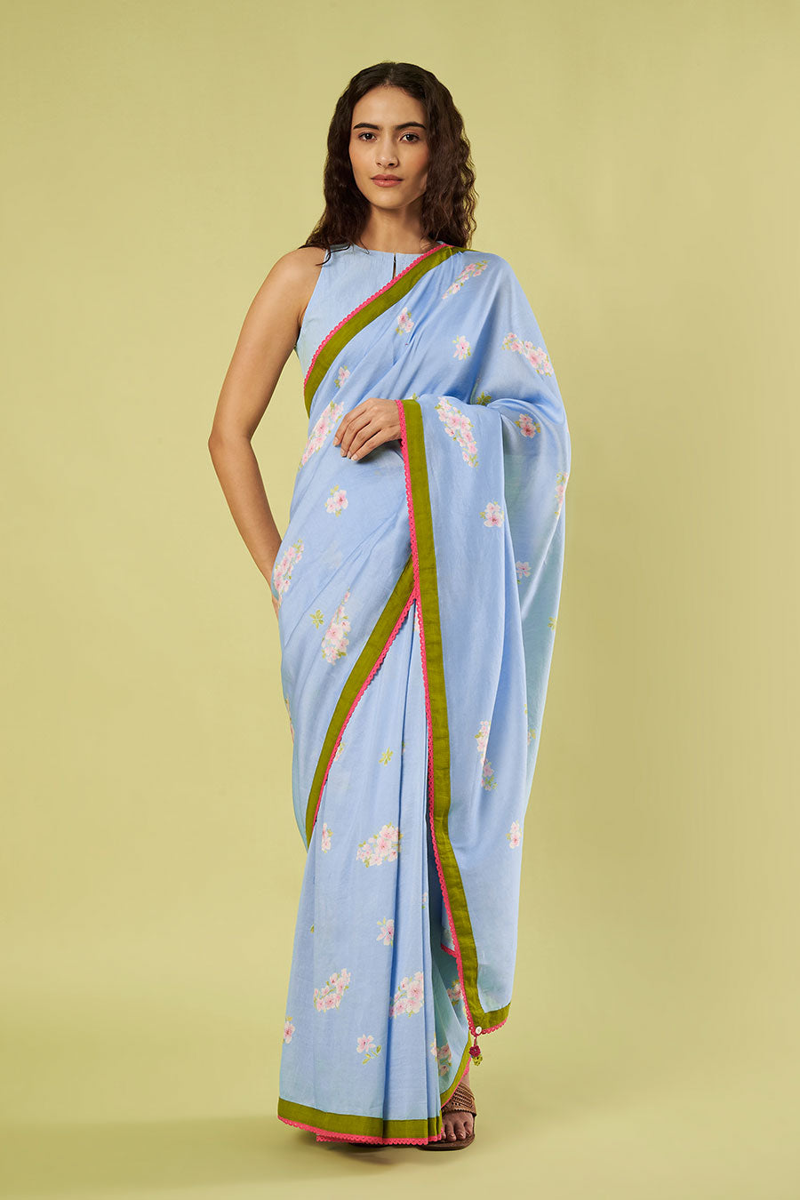 Blue  Chanderi Saree & Cotton Blouse Set