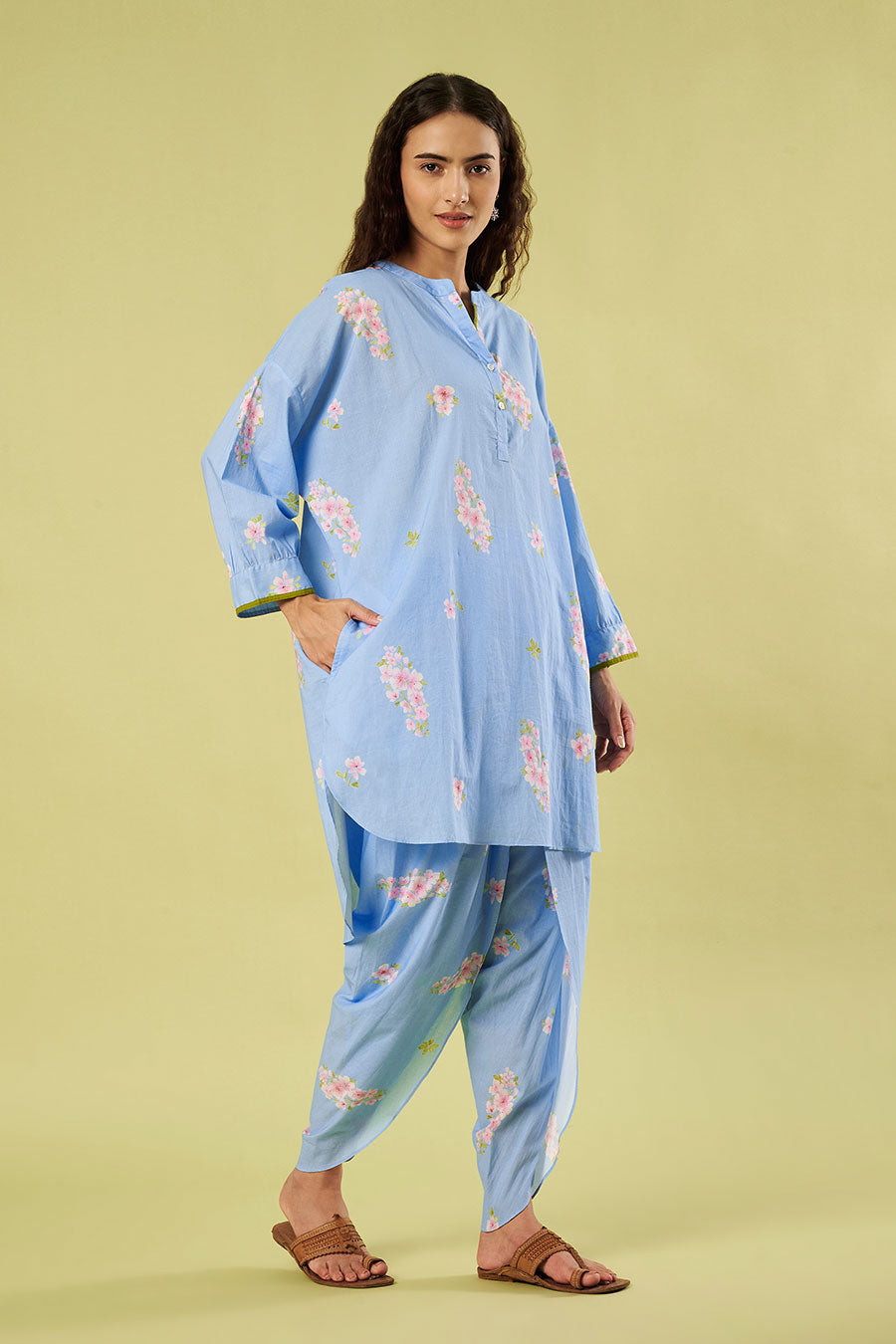 Blue Cotton Printed Kurta & Dhoti Salwar Set