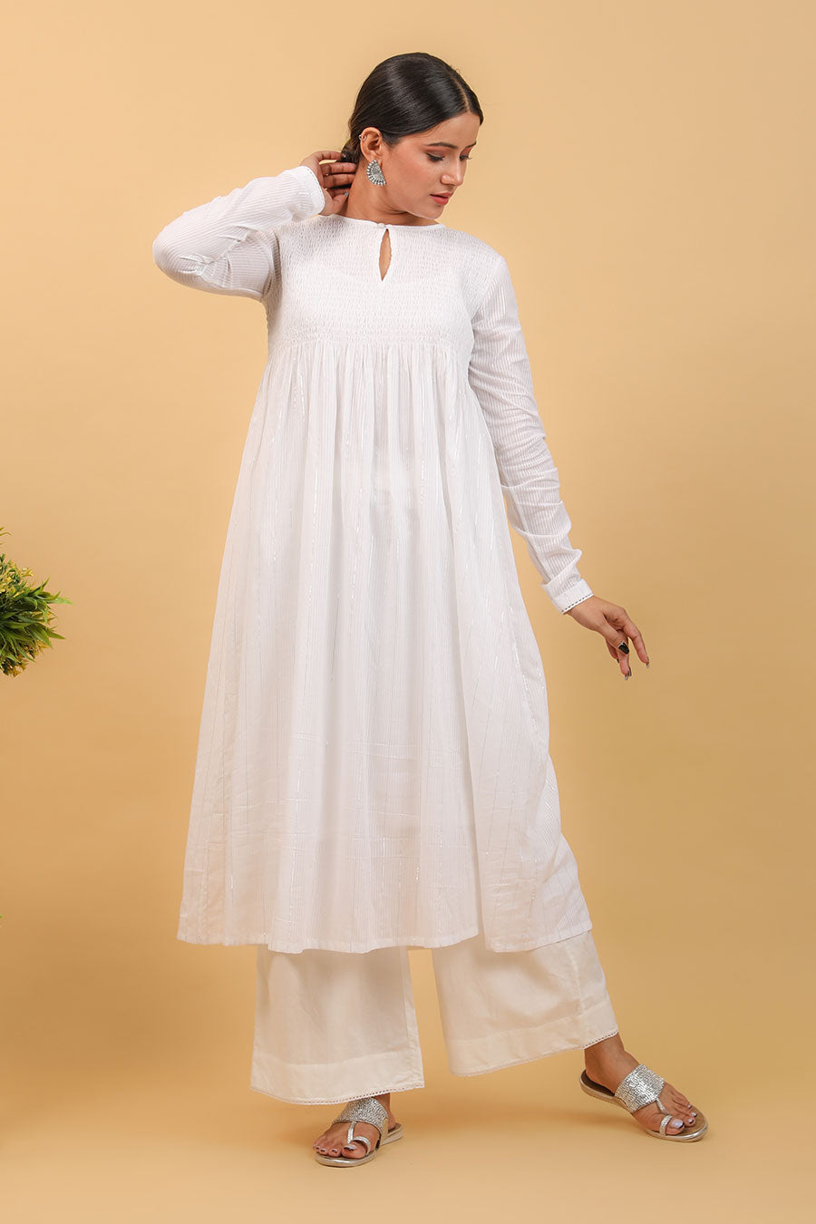 White Smocking Anarkali Set