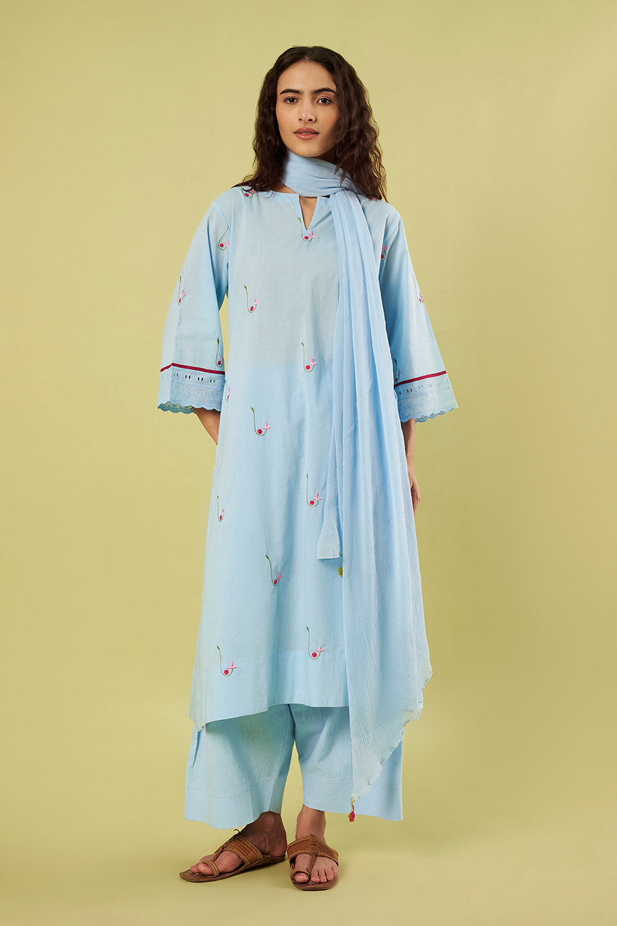 Blue Cotton Embroidered Kurta Set With Dupatta