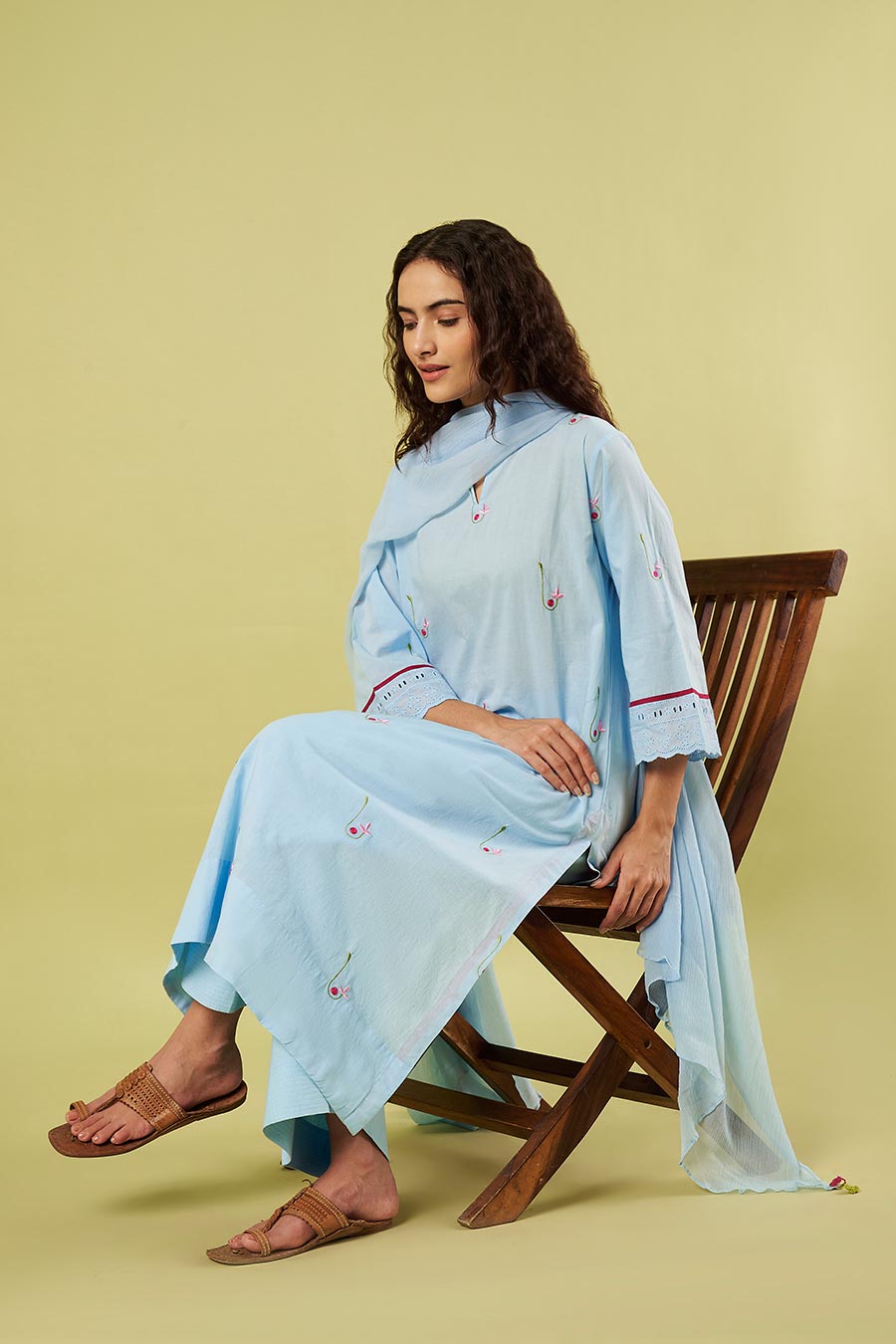 Blue Cotton Embroidered Kurta Set With Dupatta