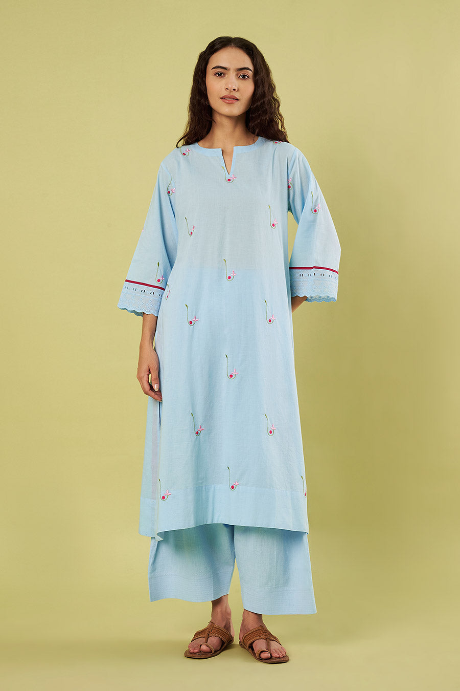 Blue Cotton Embroidered Kurta Set With Dupatta