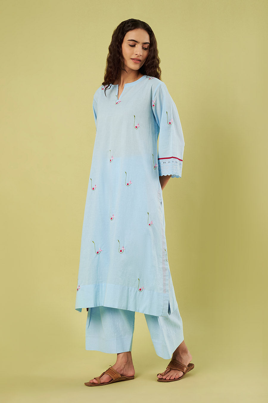 Blue Cotton Embroidered Kurta Set With Dupatta