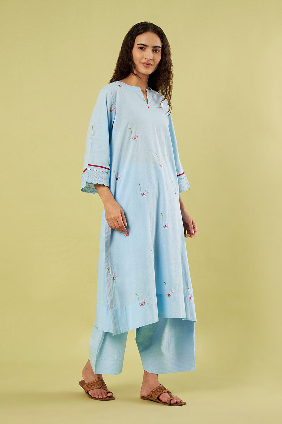 Blue Cotton Embroidered Kurta Set With Dupatta
