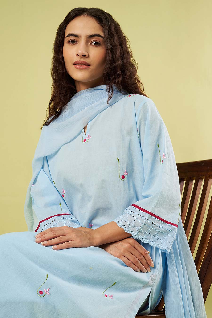 Blue Cotton Embroidered Kurta Set With Dupatta