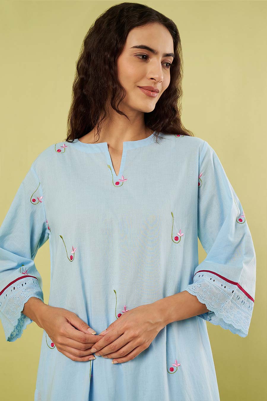 Blue Cotton Embroidered Kurta Set With Dupatta