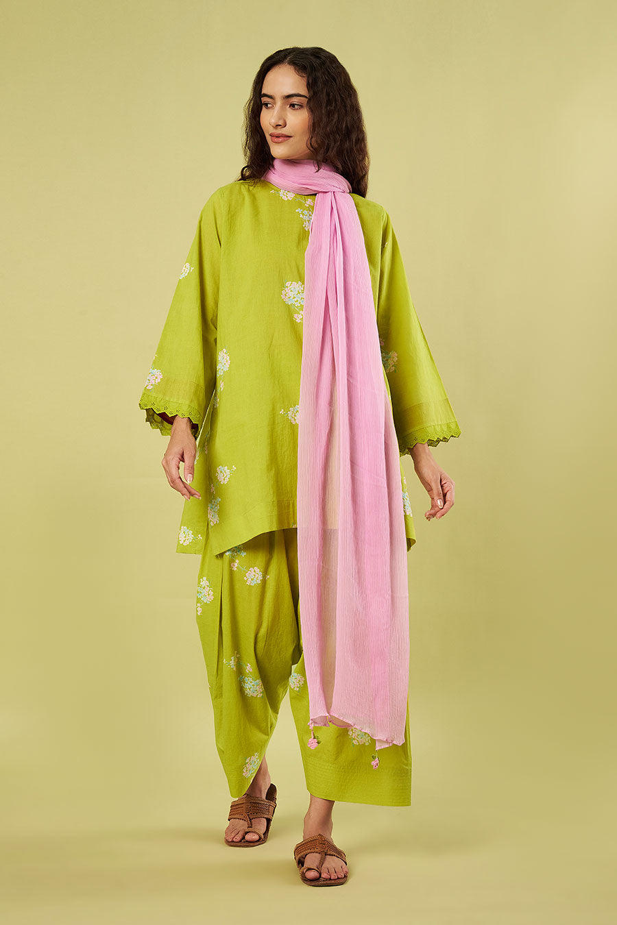 Lime Printed Kurta & Salwar Set With Pink Dupatta
