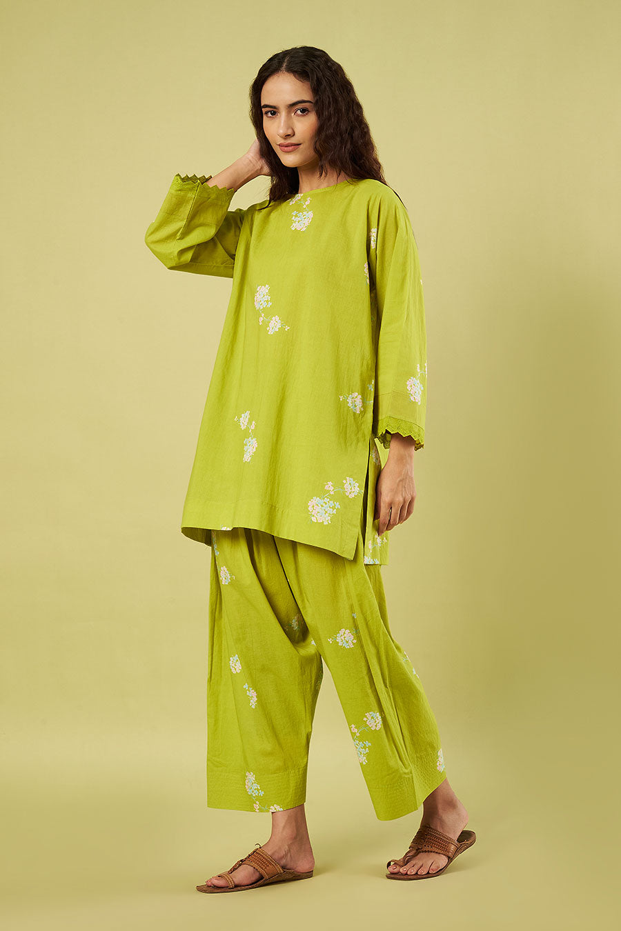 Lime Printed Kurta & Salwar Set With Pink Dupatta