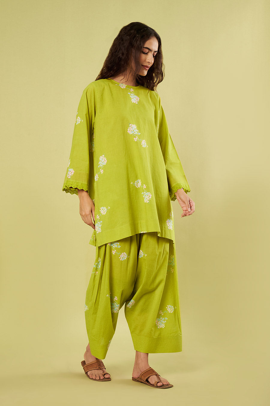 Lime Printed Kurta & Salwar Set With Pink Dupatta