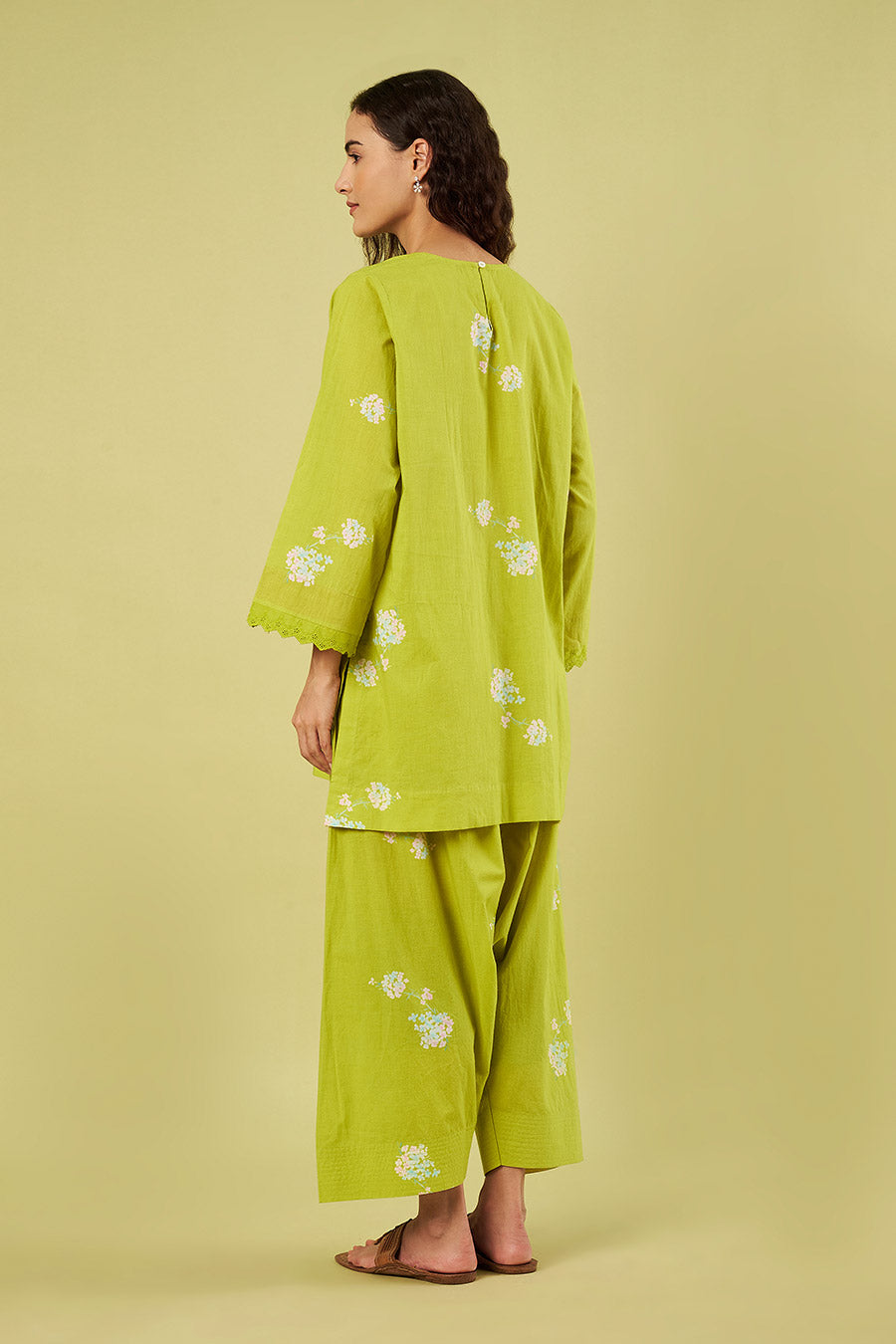 Lime Printed Kurta & Salwar Set With Pink Dupatta