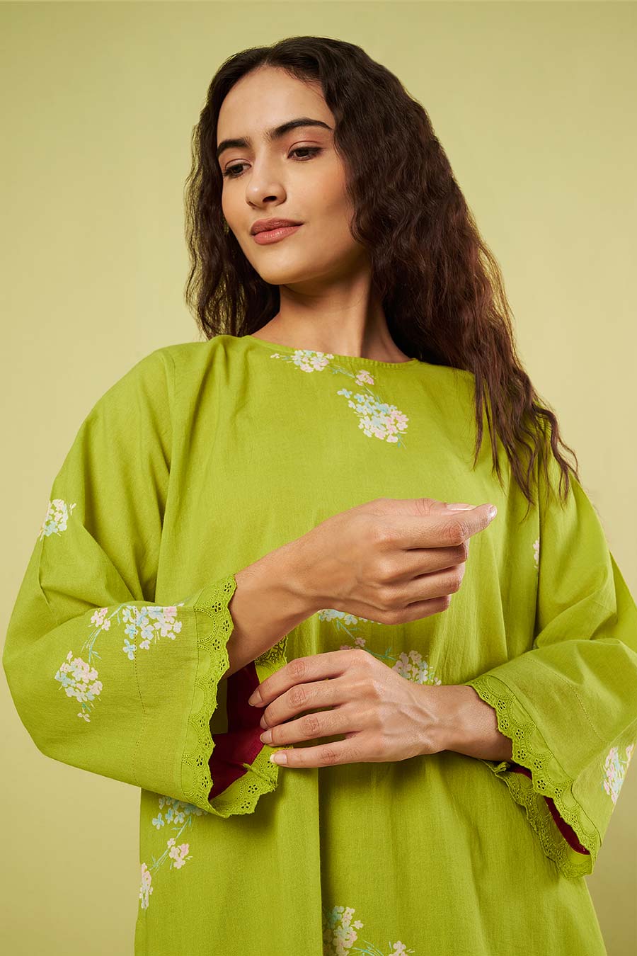Lime Printed Kurta & Salwar Set With Pink Dupatta
