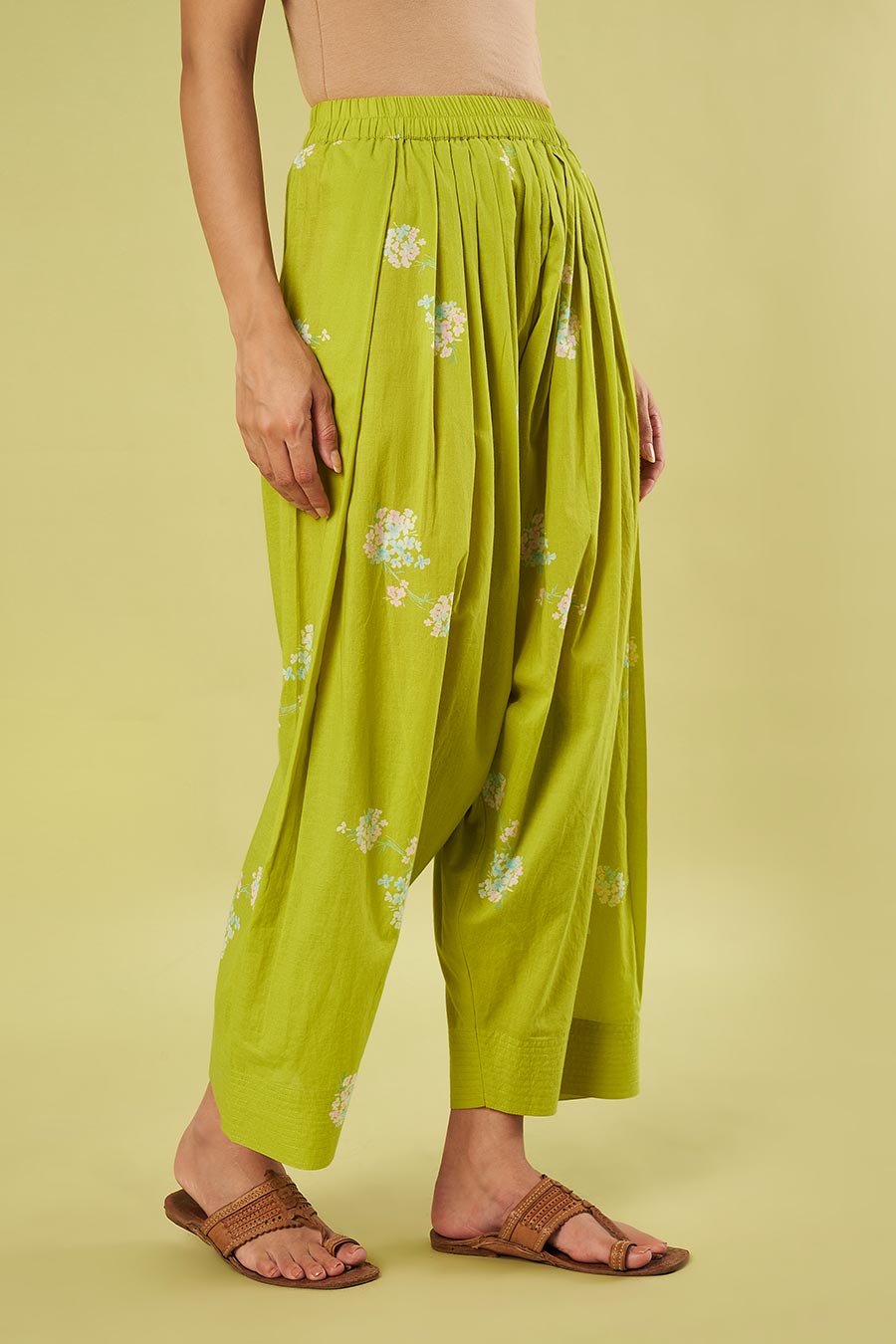 Lime Printed Kurta & Salwar Set With Pink Dupatta
