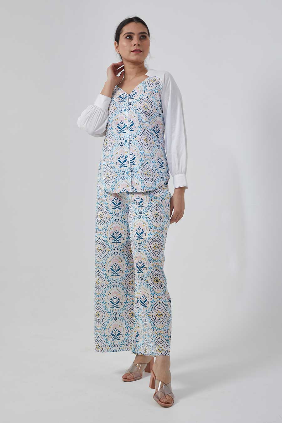 Printed Stylized V-Neck Shirt & Palazzo Co-ord Set