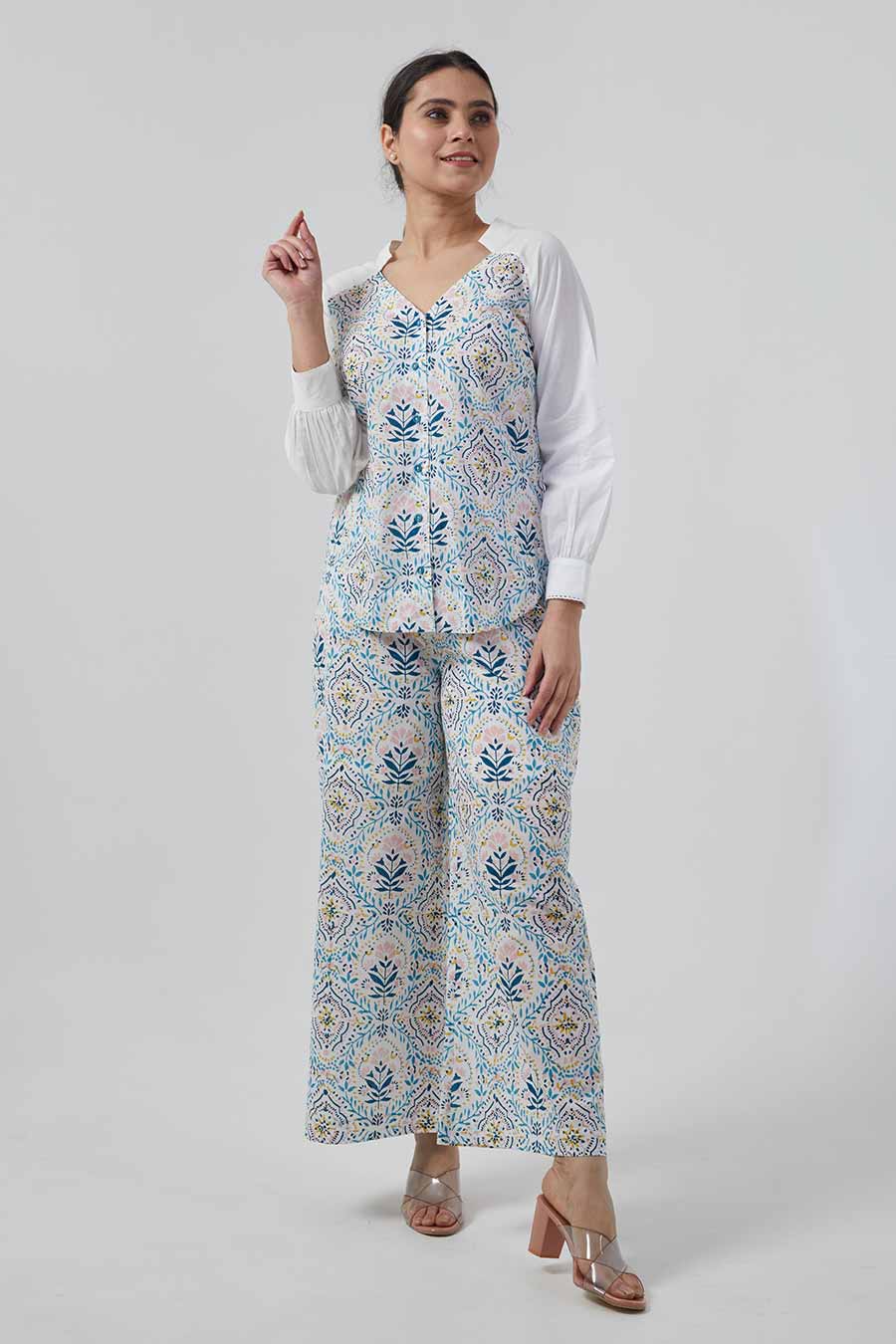 Printed Stylized V-Neck Shirt & Palazzo Co-ord Set