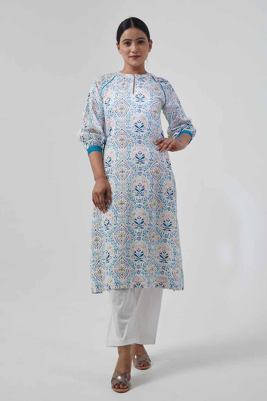 White Printed Raglan Sleeve Kurta & Palazzo Set