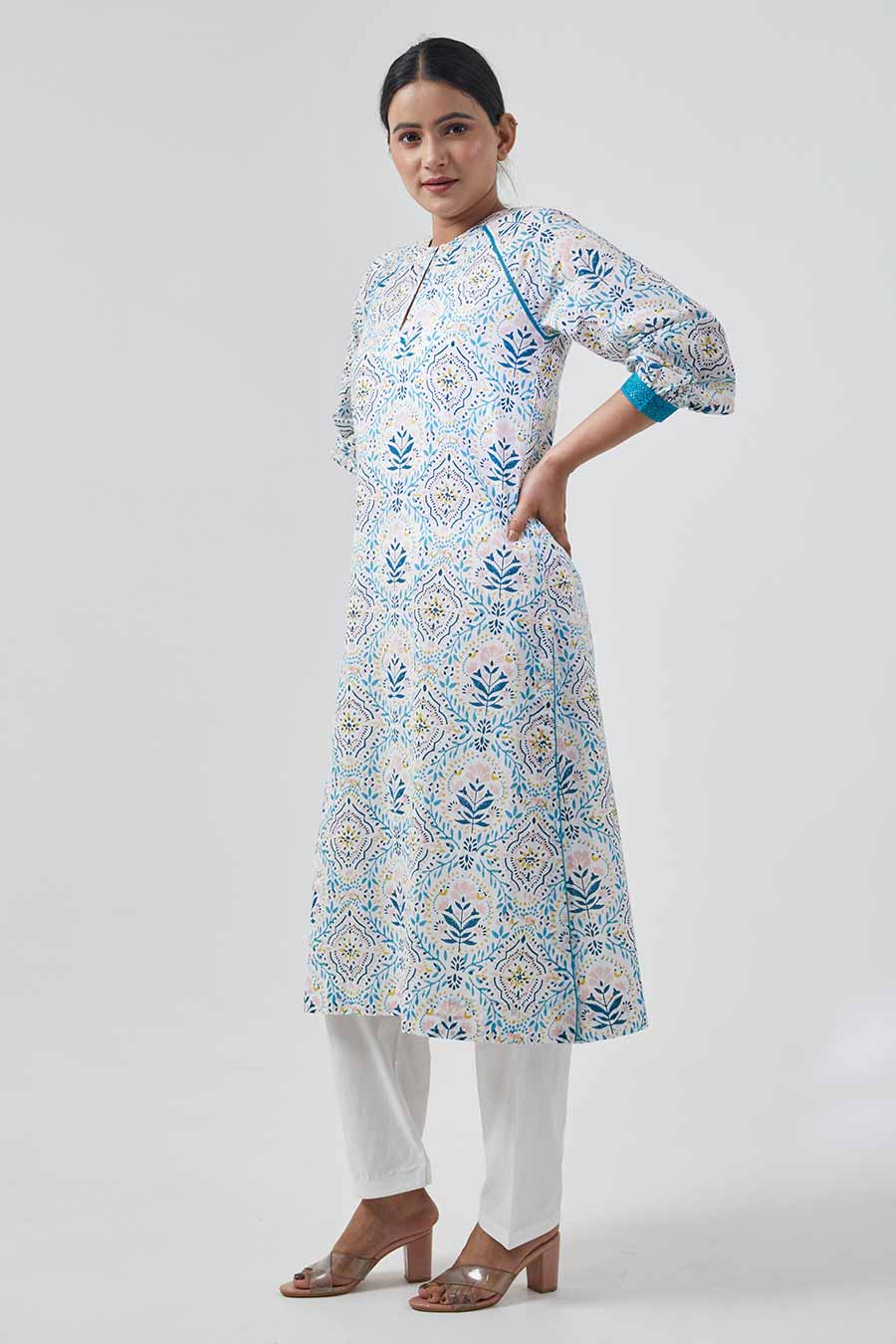 White Printed Raglan Sleeve Kurta & Palazzo Set