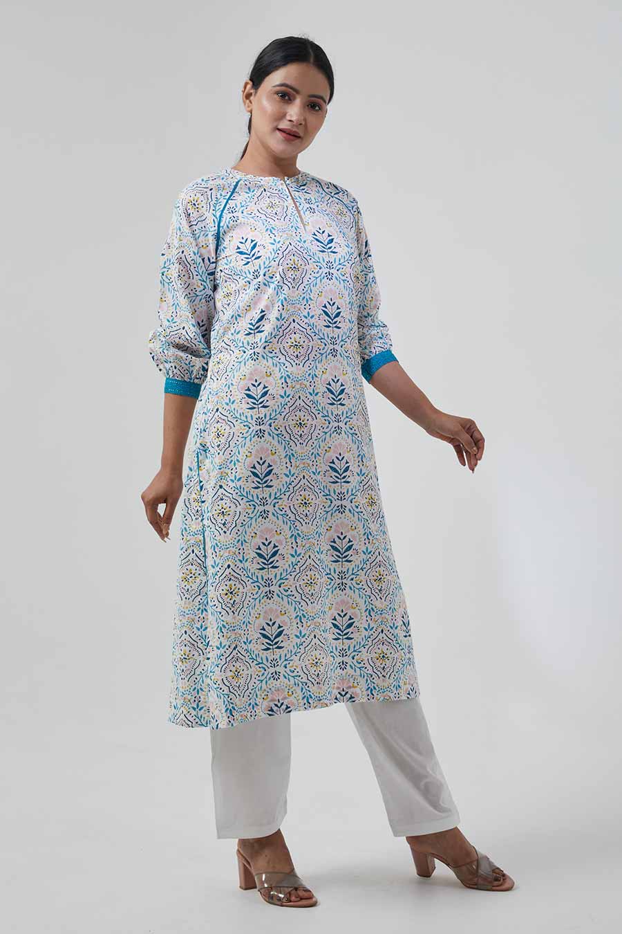 White Printed Raglan Sleeve Kurta & Palazzo Set