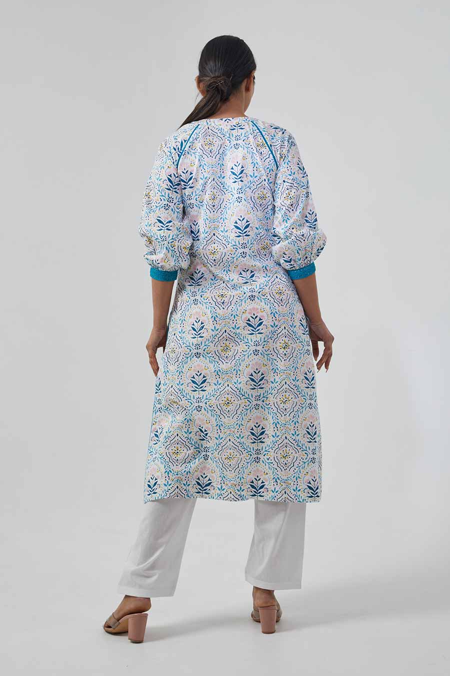 White Printed Raglan Sleeve Kurta & Palazzo Set