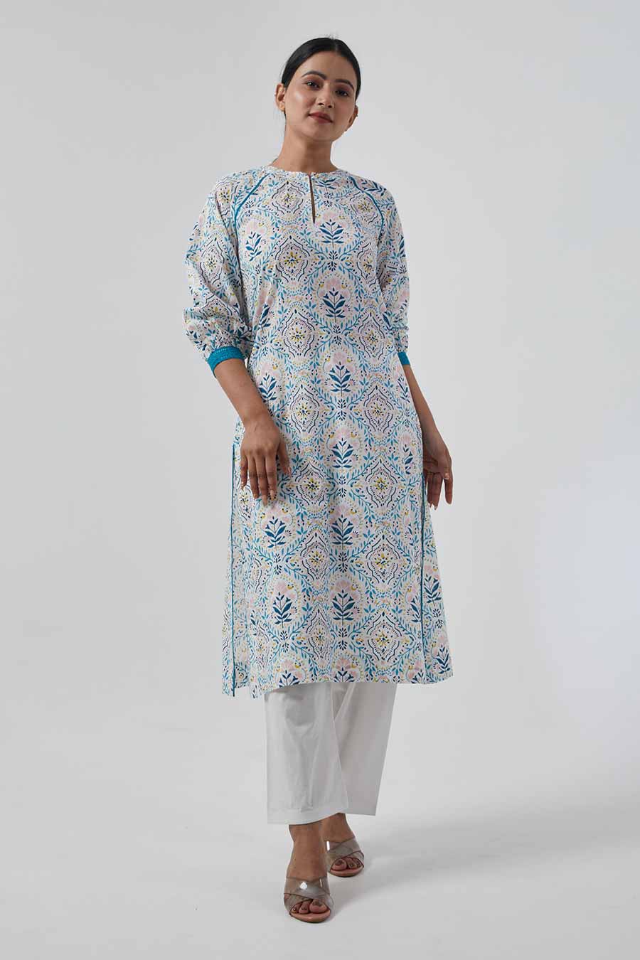 White Printed Raglan Sleeve Kurta & Palazzo Set