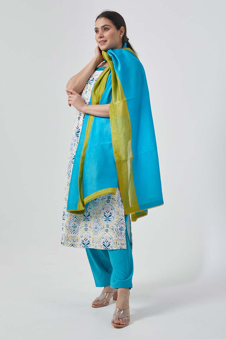 White & Aqua Blue Kurta Set