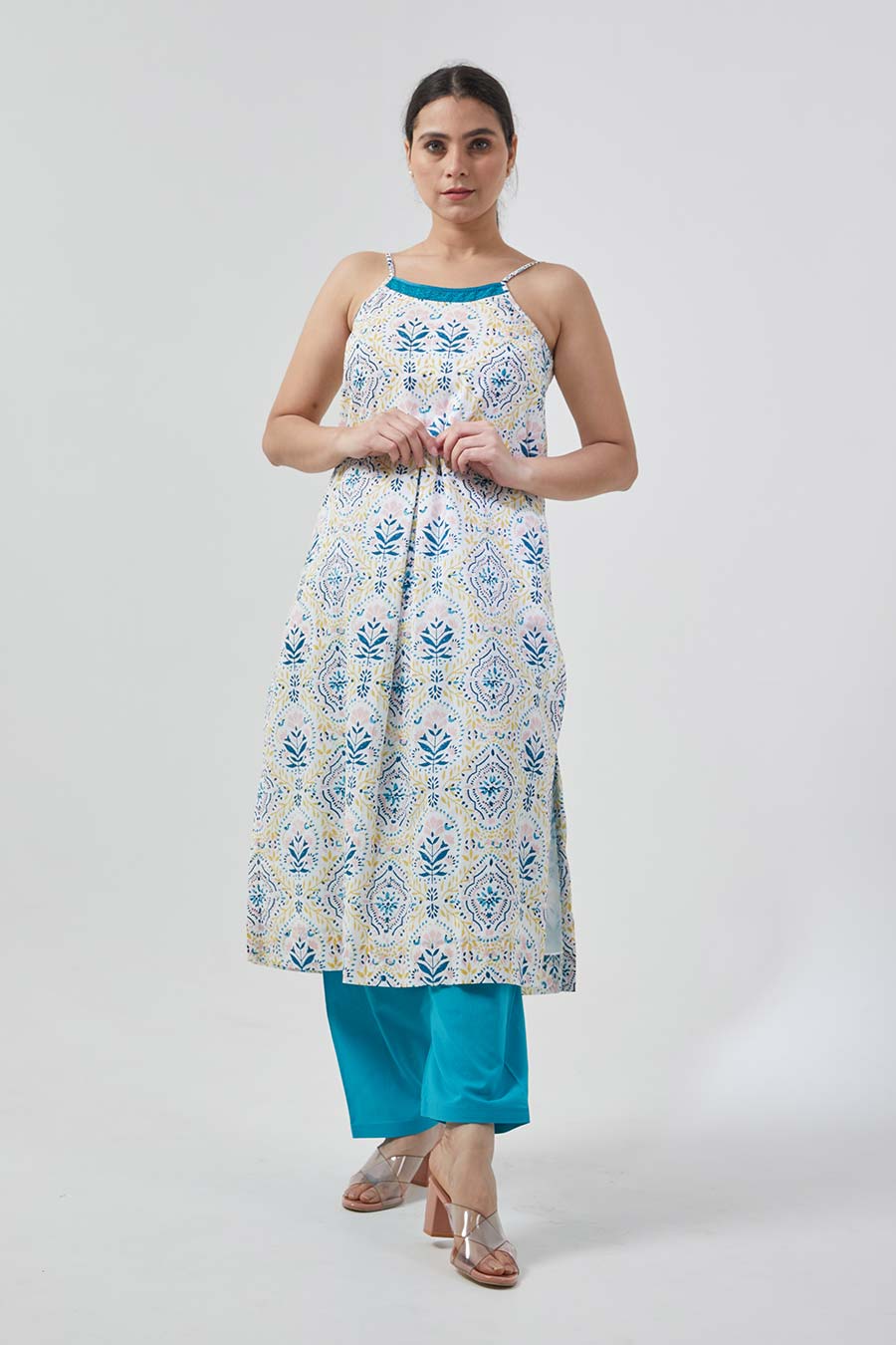 White & Aqua Blue Kurta Set