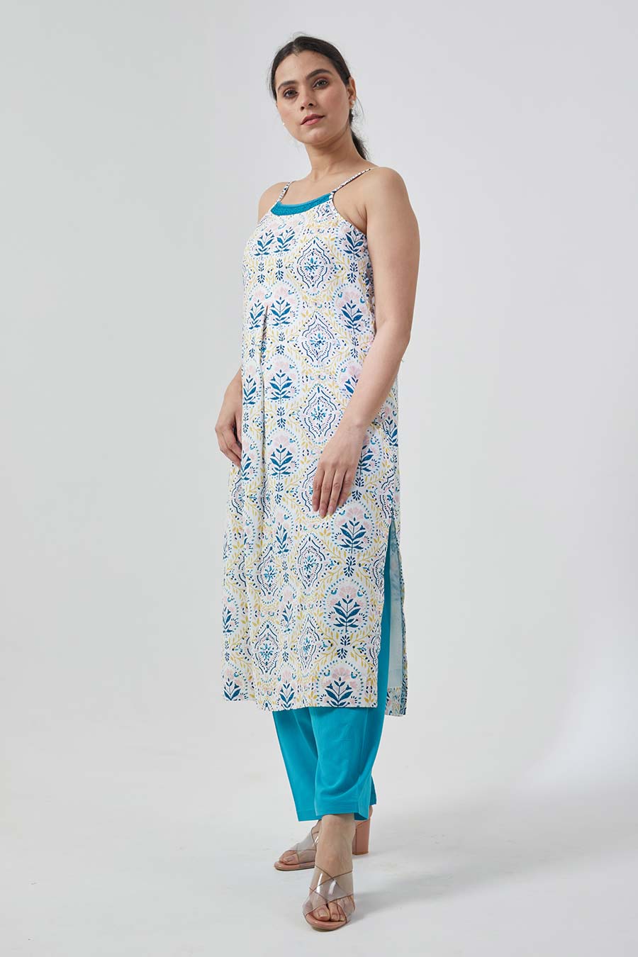 White & Aqua Blue Kurta Set
