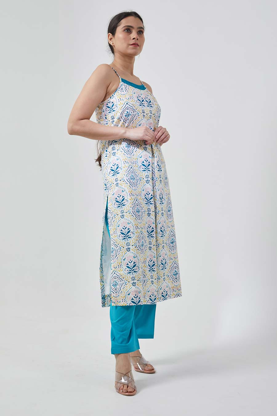 White & Aqua Blue Kurta Set